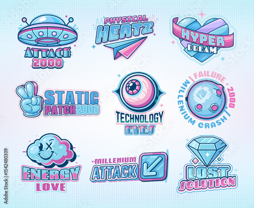 Y2k icons of retro rave space planet globe, UFO spaceship, heart and eyeball. Vector vintage y2k stickers of origami paper airplane, diamond and arrow button, V hand sign and funky cloud smile emoji