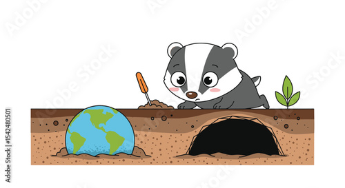 Badger Exploring Earth Planet Burrowing in Soil with Tools and Green Plant