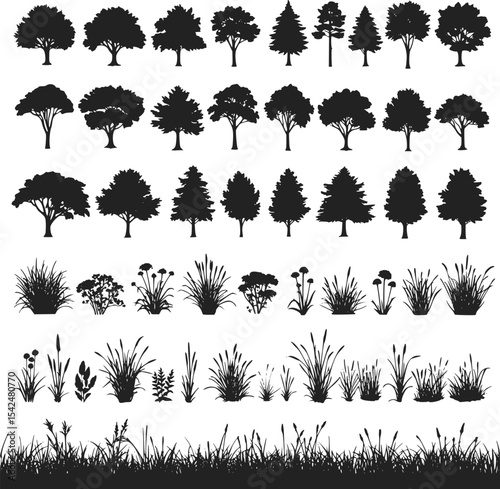 Trees, grass, plant vector isolated on white background. EPS 10 version.