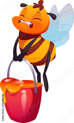 Cartoon honey bee character holding heavy honey bucket with strained face and striped body. Vector funny apiary mascot with expressive pose symbolizing beekeeping, hardworking and honey production