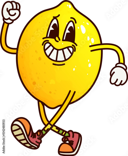 Cartoon groovy lemon fruit character smiling. Vector funny playful exotic yuzu citrus fruit, healthy tropical food personage with lively expression exuding freshness and fun with retro hippie vibe