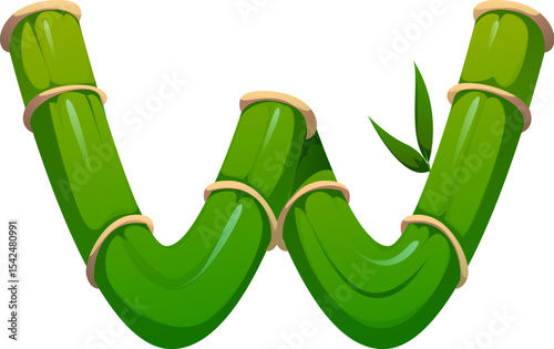 Garden bamboo plant font letter W. Tropical forest bamboo kids ABC font symbol, China garden plant isolated cartoon vector English alphabet typeface element. Asian forest nature and eco typeset sign
