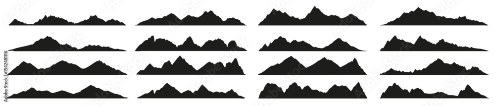 © Vector Tradition - Mountain range silhouettes, black rocky landscape shapes. Isolated vector range of hills, monochrome ridges. Alps with summit peaks set of elements for adventure, rocks climbing, travel and hiking