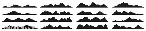 Mountain range silhouettes, black rocky landscape shapes. Isolated vector range of hills, monochrome ridges. Alps with summit peaks set of elements for adventure, rocks climbing, travel and hiking