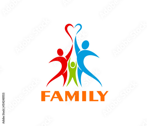Family icon featuring three adult figures in red and blue, arms raised, holding a heart shape above green child, representing love, unity, togetherness, community, bonding and connection