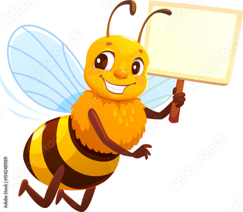 Cartoon honey bee character with signboard. Vector smiling flying honeybee holding empty blank placard. Funny yellow striped garden insect with wings, personage for apiary, beekeeping or children book