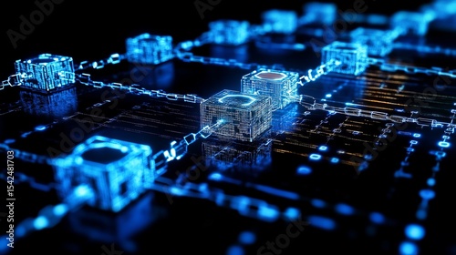 A network of interconnected glowing blue cubes representing blockchain technology on a dark background
