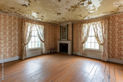 Derelict room with floral wallpaper, damaged ceiling, hardwood floors, and two windows draped with sheer curtains.  A fireplace is centered on one wall