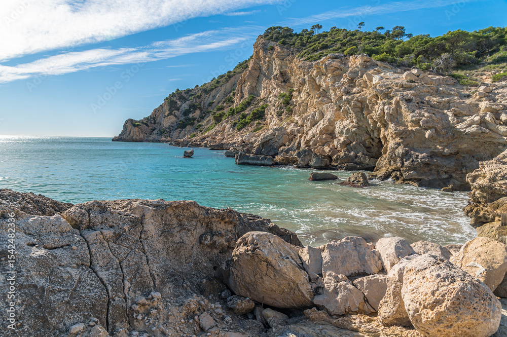 Fototapeta premium View of the Mediterranean Sea from the beach of Cala de Finestrat, Spain