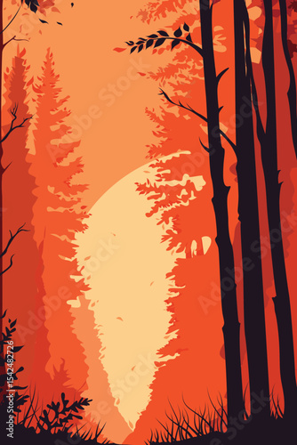 Forest, Morning, Travel, Fire, Event, View, Departure, Alone, Tree, Sun, Stars, Mountain, Vector, Artwork