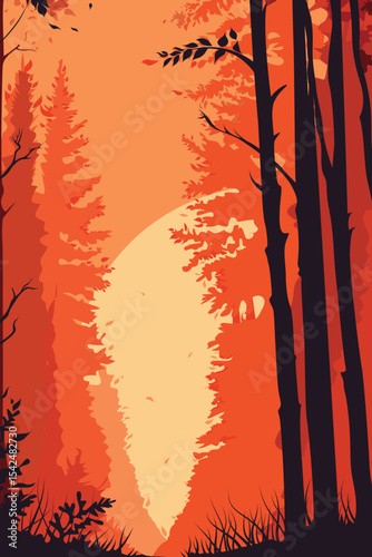 Forest, Morning, Travel, Fire, Event, View, Departure, Alone, Tree, Sun, Stars, Mountain, Vector, Artwork