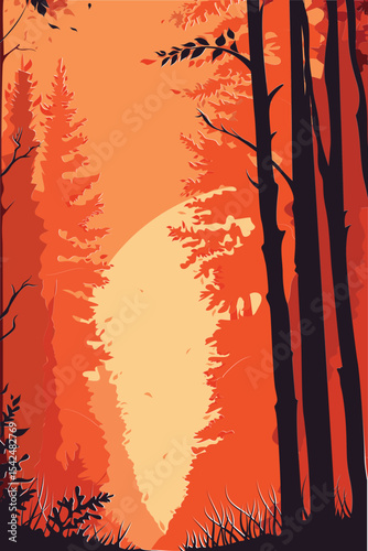 Forest, Morning, Travel, Fire, Event, View, Departure, Alone, Tree, Sun, Stars, Mountain, Vector, Artwork