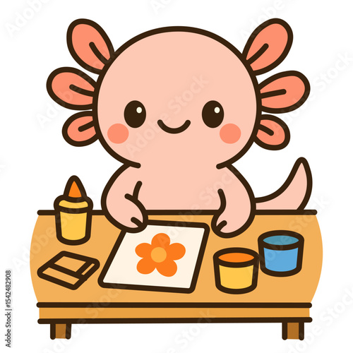 Creative axolotl drawing flower at art table – cute cartoon character for kids crafts, preschool creativity, nursery design, early childhood education, painting and DIY illustrations
