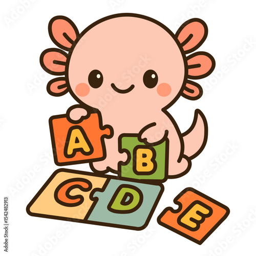 Cute axolotl playing with alphabet puzzle letters – educational cartoon character for preschool learning, kids development games, early childhood, nursery and kindergarten design
