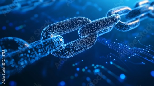A digital chain link illuminated in blue with glowing particles and circuit board style connections