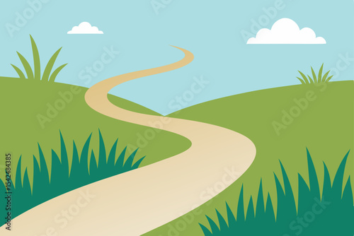 A vibrant vector illustration of a road winding through a summer landscape, with green fields, distant mountains, and a clear sky on the horizon