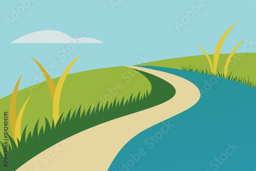 A sun-drenched, green meadow road winds through a vibrant spring landscape towards the horizon, under a clear sky with soft clouds