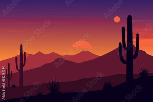 Arizona desert sunset with silhouetted saguaro cacti
