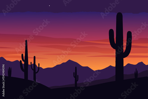 Golden light bathes the Arizona desert landscape as the sun dips below the mountains, painting the sky with fiery orange and red hues