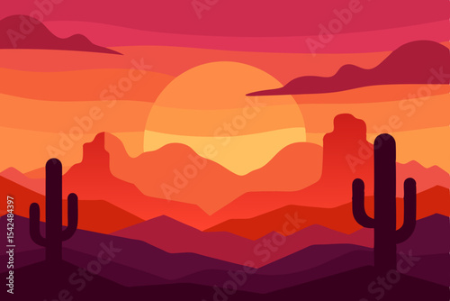 Desert landscape illustration with cactus silhouettes at sunrise