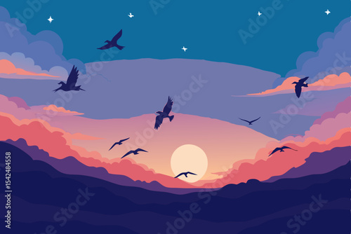 winter landscape with mountains and birds