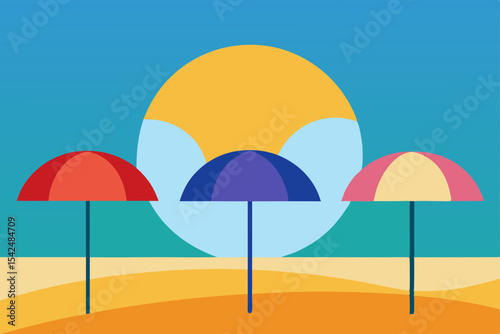Colorful beach umbrellas dot the sunny sand, inviting relaxation under the summer sun by the sea