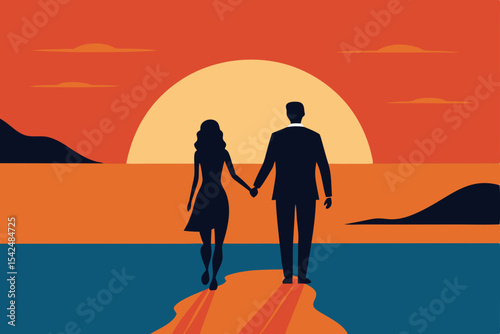 A romantic summer sunset silhouette of a couple walking on a tropical beach