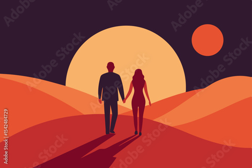 Silhouetted couple's romantic walk on the beach at sunset under a moonlit sky, illustrating love and family