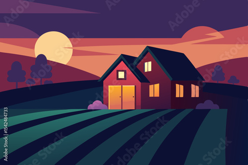 Night landscape illustration of a mountain village with illuminated houses and trees under a starry sky