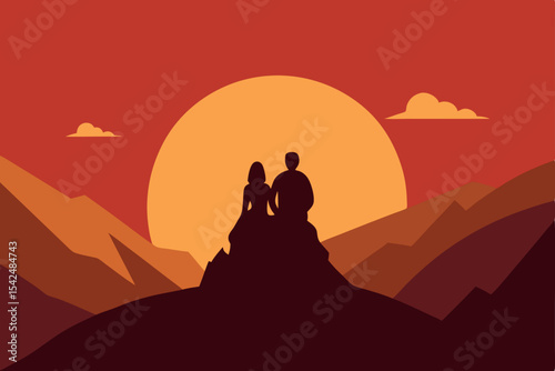 A loving couple enjoys the serene sunset, their silhouettes stark against the orange sky and majestic mountains