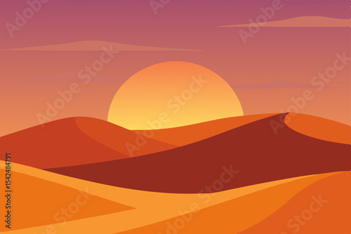 Desert landscape at sunset with orange sky and mountain silhouettes, capturing the hot and abstract nature of the desert