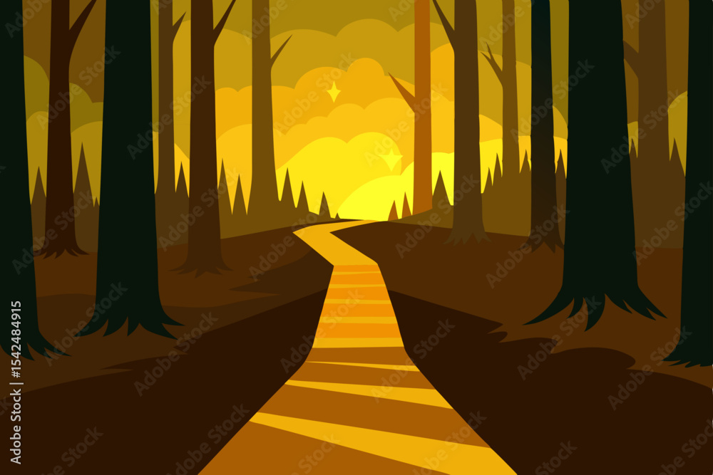 Morning mist blankets an autumn forest path as sunlight filters through the trees