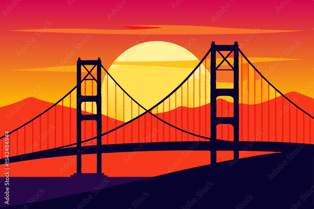 Fototapeta premium Golden Gate Bridge at sunset over San Francisco Bay with the city lights reflecting on the water