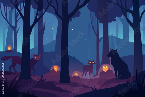 Spooky Halloween night vector illustration with a scary house silhouette, full moon, and bats flying over a dark cemetery landscape