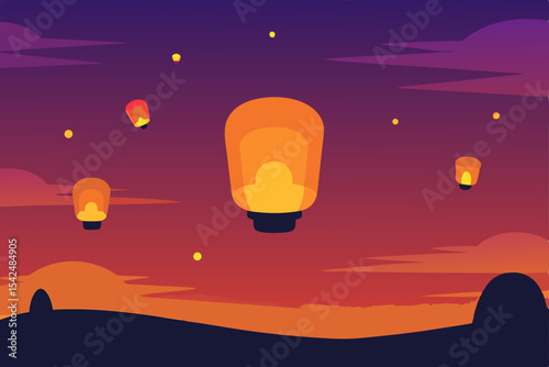 A vibrant hot air balloon ascends into the sunset sky, a colorful illustration of summer adventure and freedom
