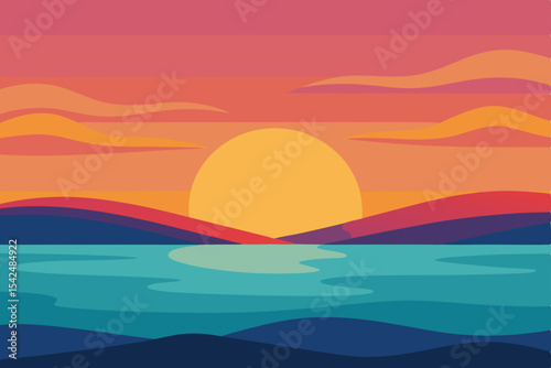 Orange sunset over the tranquil sea, casting reflections on the water and beach, with a vibrant sky and distant horizon