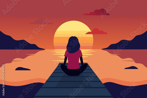 Woman on beach at sunset, a silhouette against the sea and sky, meditating by the water