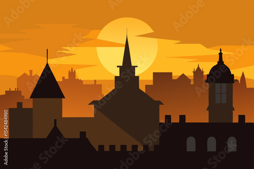 A vibrant vector silhouette of Prague's historic cityscape at sunset, featuring a majestic church and castle, is a striking European travel illustration