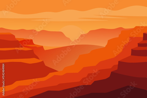 Vibrant orange sunset over mountain peaks and misty valleys creates a stunning natural landscape silhouette at dawn