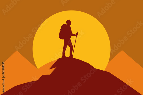Orange sunset illuminates a woman walking up a mountain, a successful silhouette against the sky