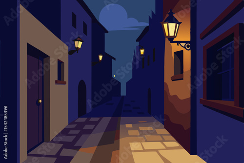 Ancient stone archways illuminate a narrow European city alley at night