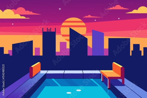 Urban skyline illustration at night with city buildings and a moonlit sky