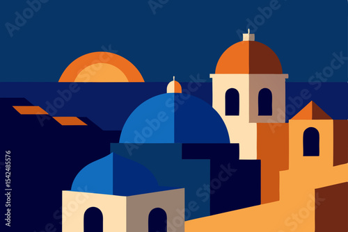 White-washed Orthodox churches with blue domes dot the Santorinian landscape against the Aegean sky