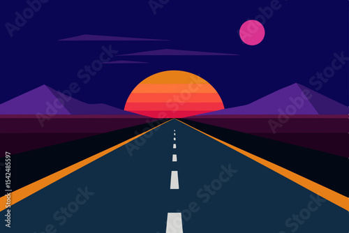 Asphalt highway stretches towards the horizon, a path through the desert landscape leading to the distant sea under a vast sky, bathed in the light of the setting sun