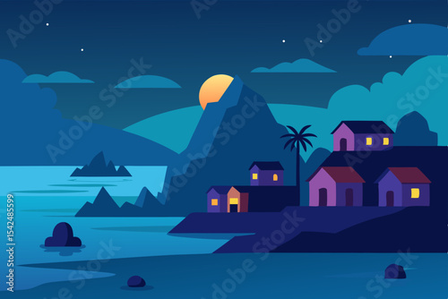 Dark city skyline illustration with a glowing moon and scattered stars illuminating distant house windows and towering architecture
