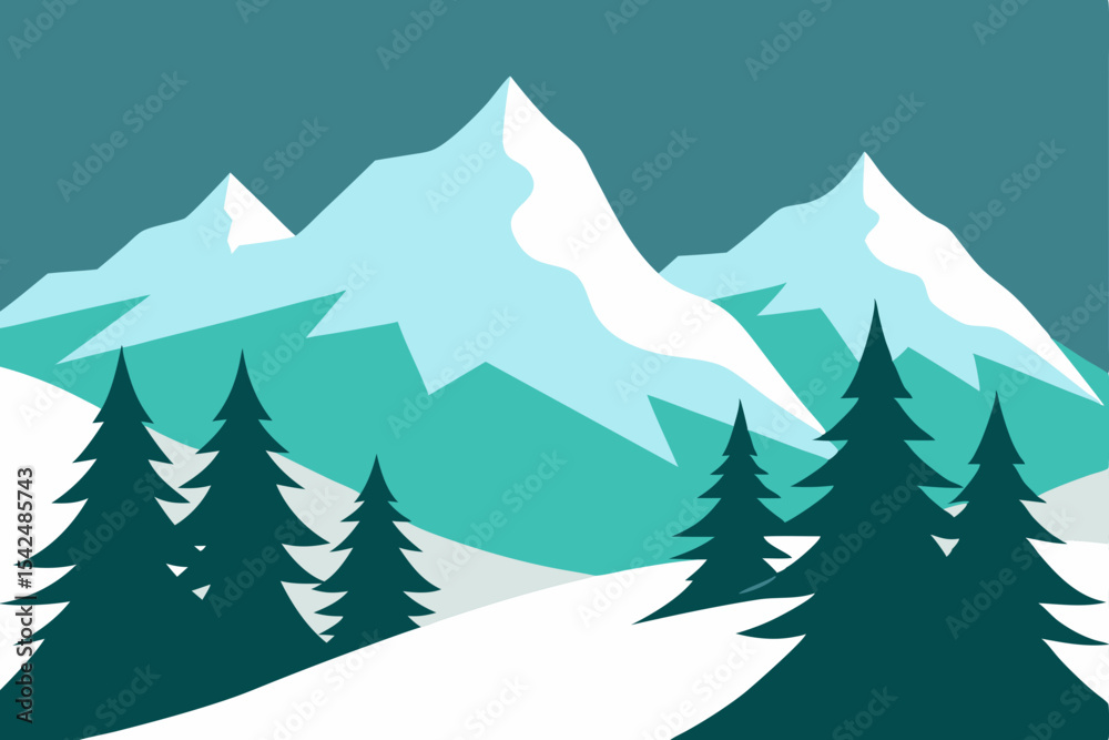 Fototapeta premium Snow-covered winter forest landscape vector illustration with pine trees for holiday season celebration