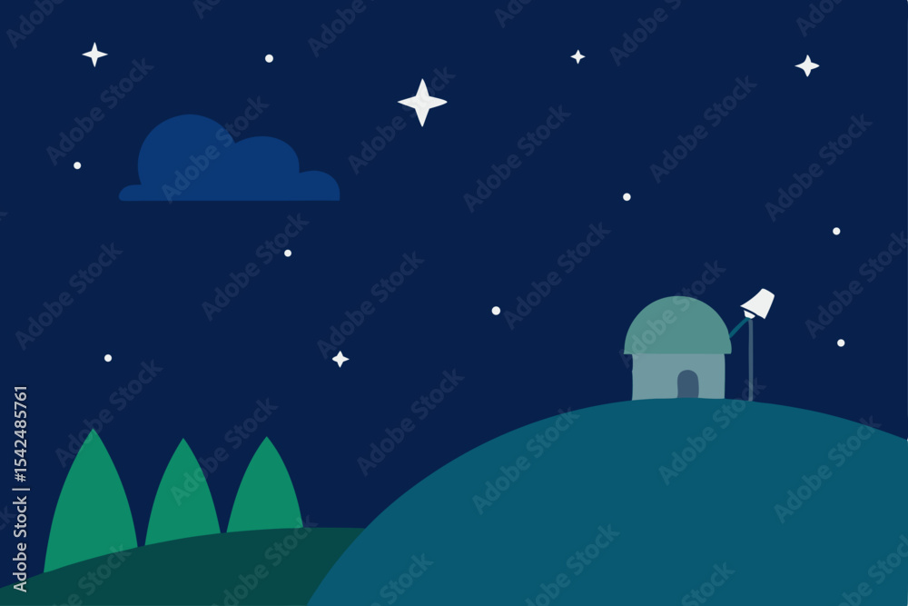 Naklejka premium A festive Christmas night winter landscape featuring a snow-covered house, illuminated trees, and a starry sky with a bright moon over a peaceful mountain village illustration