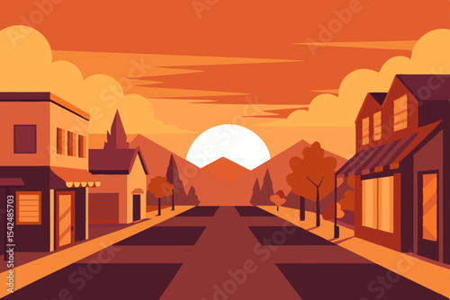 Vibrant urban street at sunset with city buildings and a glowing sky