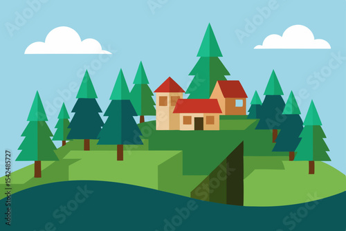 Rural landscape vector illustration featuring village houses, green trees, and distant mountains under a summer sky