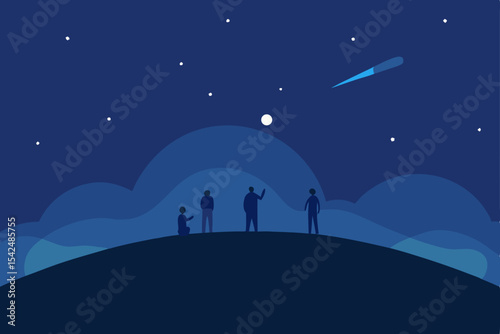 Lovers silhouetted against a dark winter night sky with a full moon and twinkling stars over a snowy mountain landscape, trees illustrating the serene nature